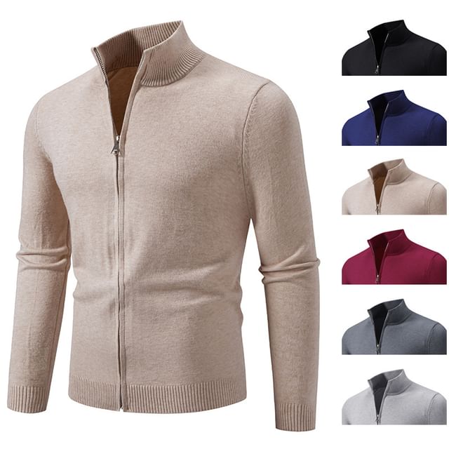 Wolfkane-Stand Collar Plain Zip Cardigan