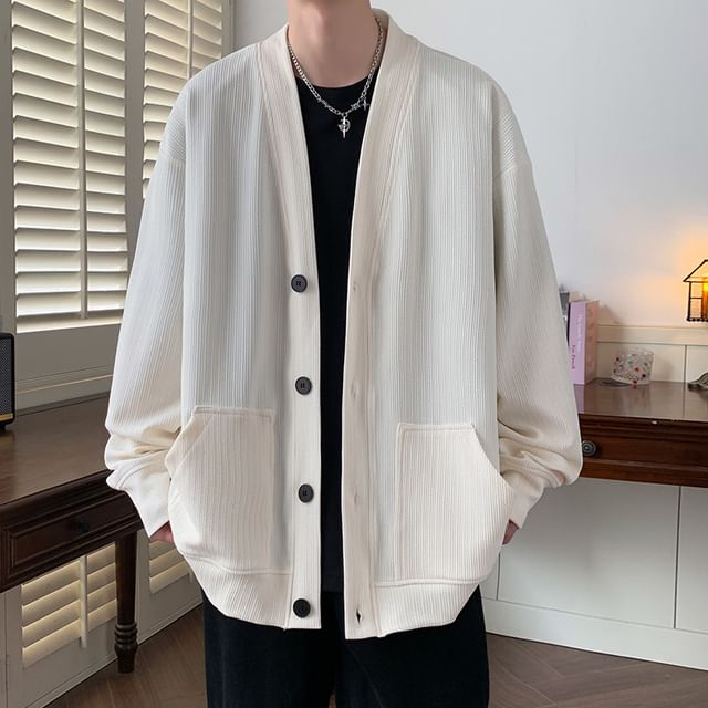 Wolfkane-V-Neck Plain Ribbed Cardigan