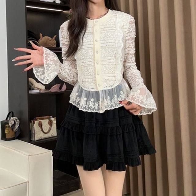 Woohan-Bell Sleeve Crew Neck Lace Button Up Top
