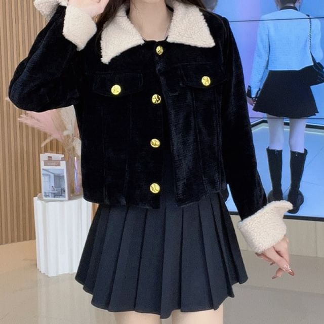 Woohan-Collar Two Tone Fleece Panel Button Jacket