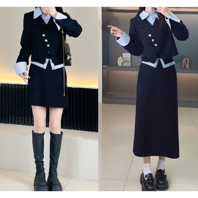 Woohan-Collared Mock Two Piece Asymmetrical Button Up Blazer High Waist A-Line Skirt Various Designs