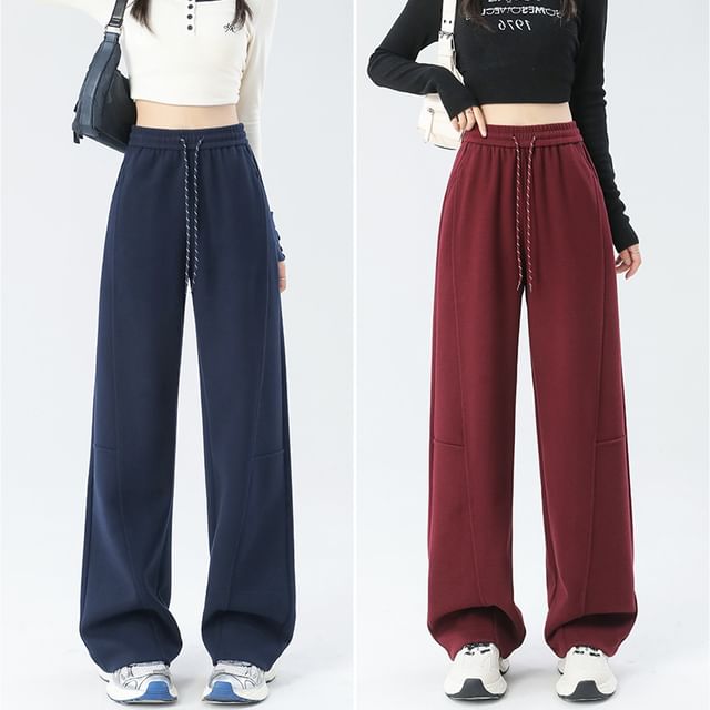 Woohan-Drawstring Waist Plain Wide Leg Sweatpants Various Designs