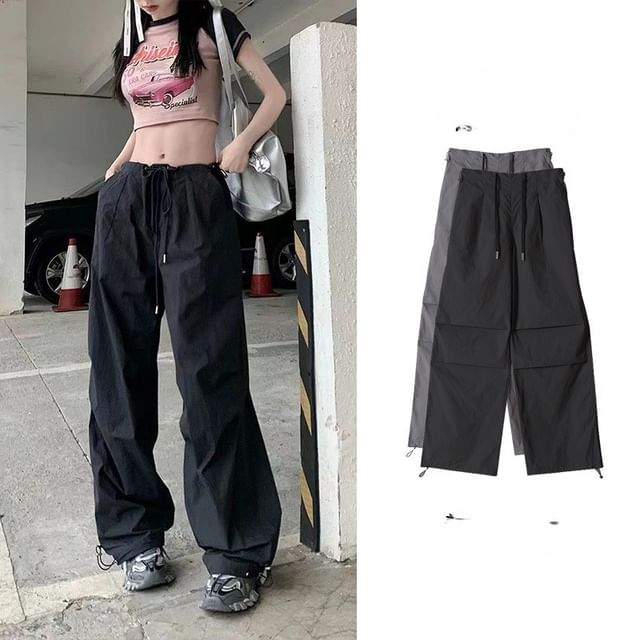 Woohan-Drawstring Waist Plain Wide Leg Sweatpants