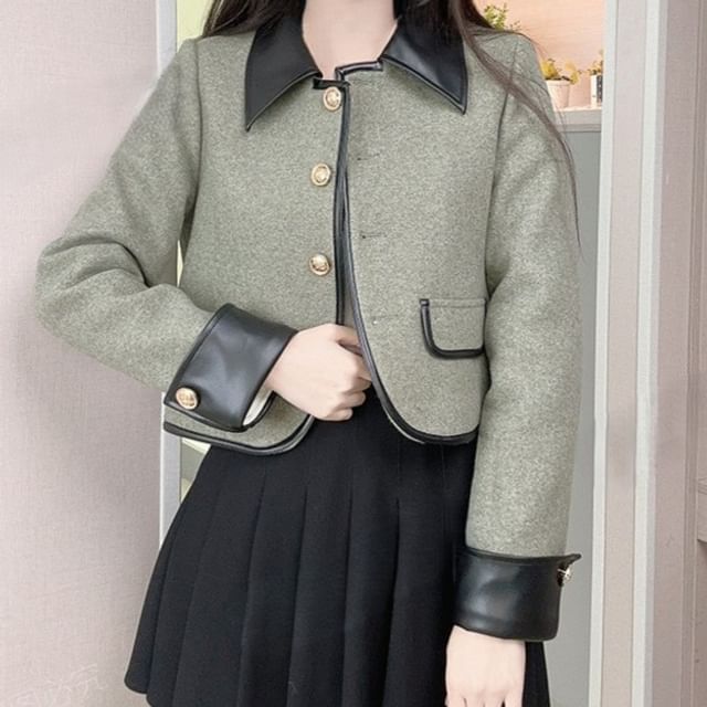 Woohan-Faux Leather Collar Button-Up Jacket