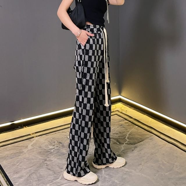 Woohan-High Rise Checker Wide Leg Pants