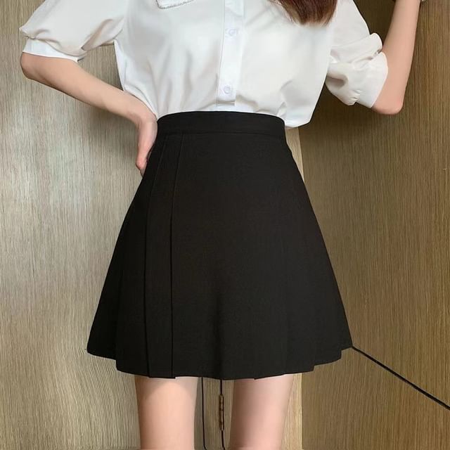 Woohan-High Rise Plain Mini A-Line Skirt