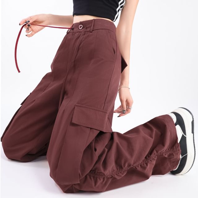 Woohan-High Rise Plain Wide Leg Cargo Pants