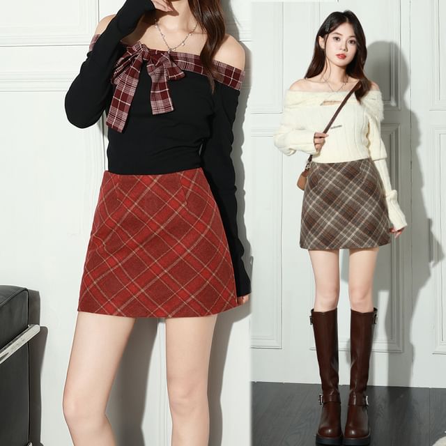Woohan-High Waist Plaid Mini A-Line Skirt