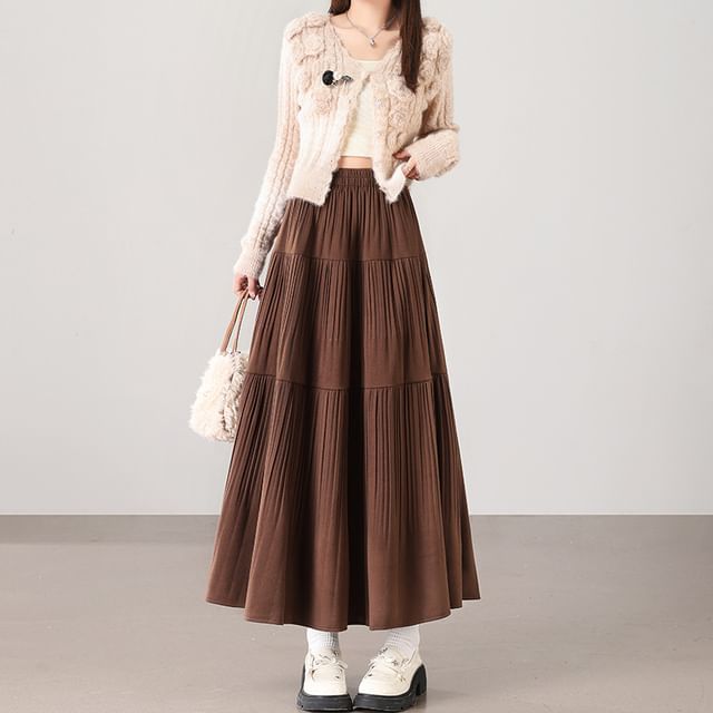 Woohan-High Waist Plain Maxi A-Line Skirt
