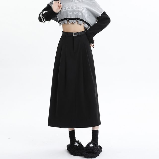 Woohan-High Waist Plain Midi A-Line Skirt