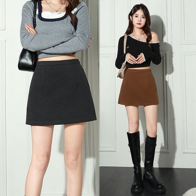 Woohan-High Waist Plain Mini A-Line Skirt