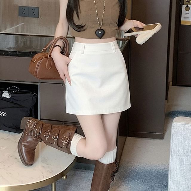 Woohan-High Waist Plain Mini Pencil Skirt