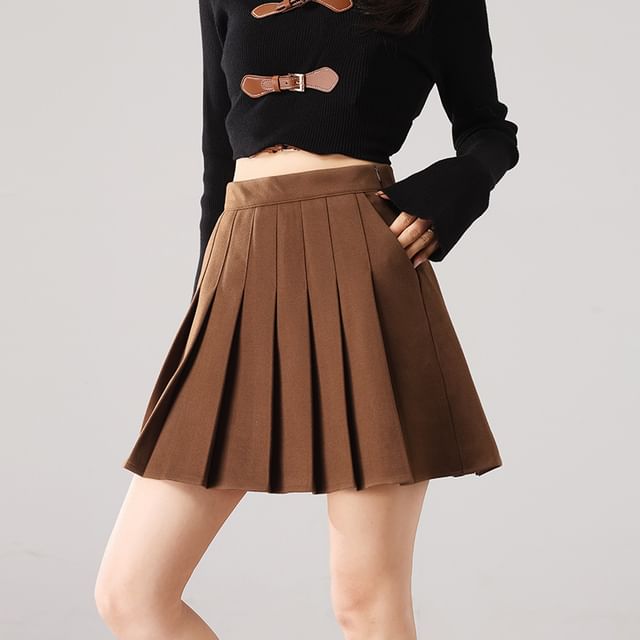Woohan-High Waist Plain Mini Pleated Skirt Various Designs