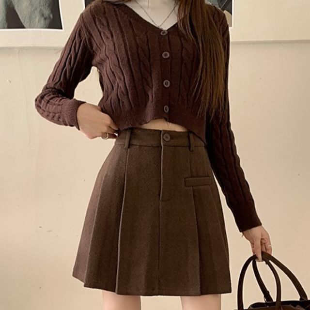 Woohan-High Waist Plain Mini Pleated Skirt