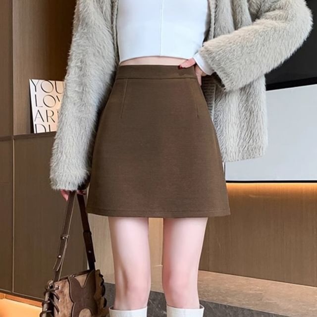 Woohan-High Waist Plain Mini Skirt
