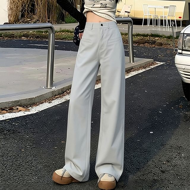 Woohan-High Waist Plain Wide Leg Pants Various Designs