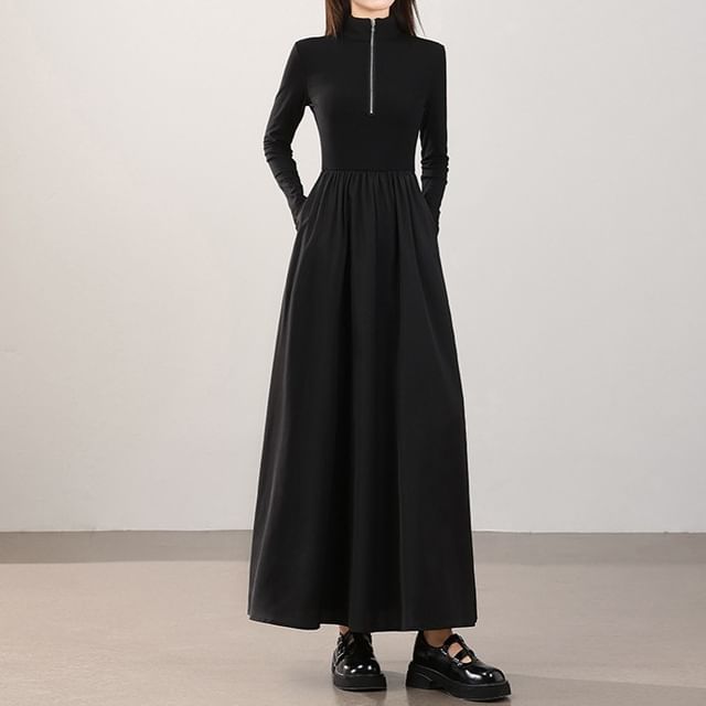 Woohan-Long-Sleeve Half-Zip Plain Maxi A-Line Dress