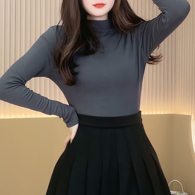 Woohan-Long-Sleeve Mock Neck Plain T-Shirt