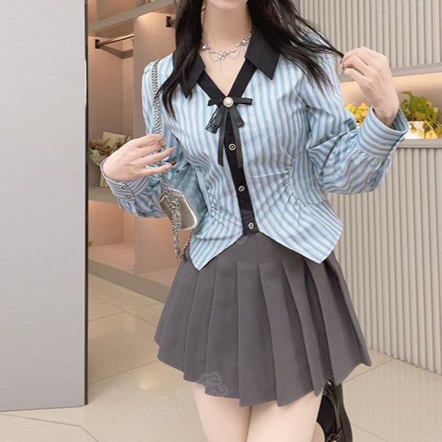 Woohan-Long-Sleeve Striped Crop Shirt