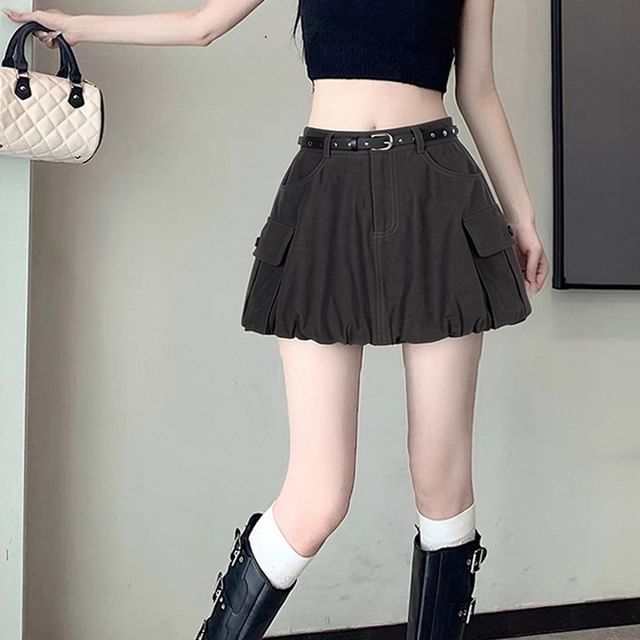 Woohan-Mid Waist Plain Mini A-Line Skirt