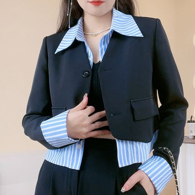 Woohan-Mock Two-Piece Collar Striped Single-Breasted Blazer