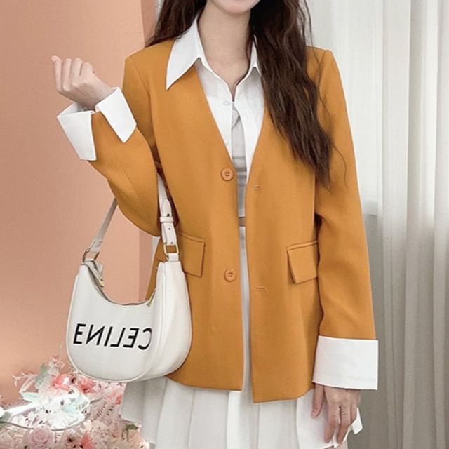 Woohan-Mock Two-Piece Two Tone Collared Button-Up Blazer