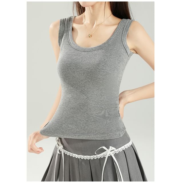 Woohan-Scoop Neck Plain Tank Top
