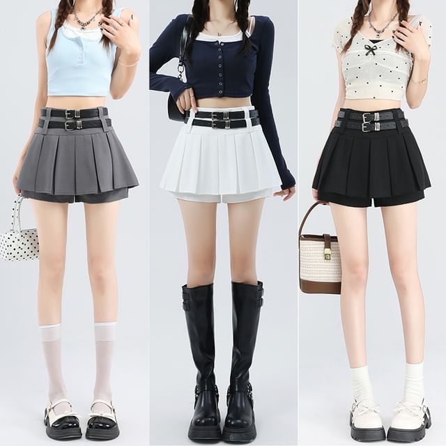 Woohan-Set High Waist Plain Pleated Mini A-Line Skort Belt