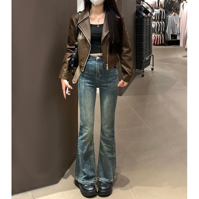 Yako-Collar Plain Faux Leather Zip Biker Jacket
