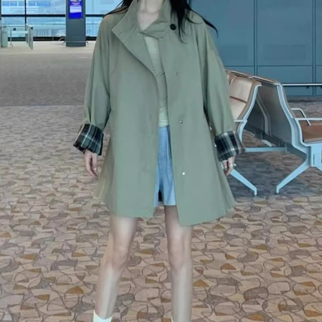 Yako-Collared Button-Up Plain Trench Coat
