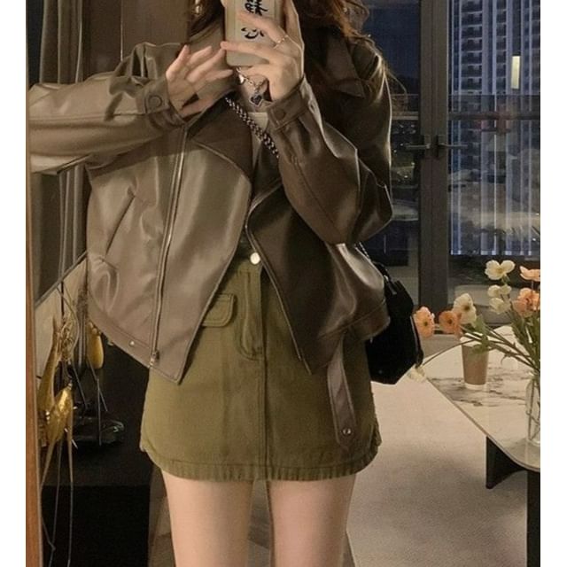 Yako-Collared Plain Faux Leather Zip Biker Jacket