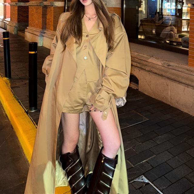 Yako-Collared Vest Long Trench Coat Shorts