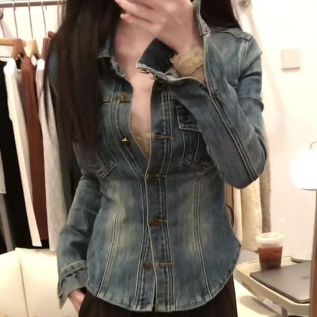 Yako-Collared Washed Button-Up Denim Slim Fit Jacket