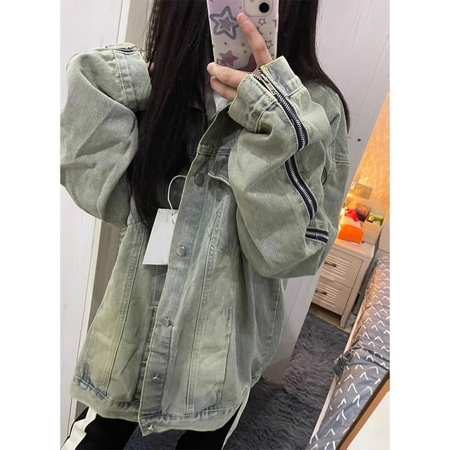 Yako-Collared Zipped Button-Up Denim Jacket