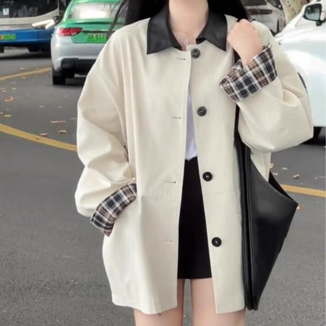 Yako-Contrast Collar Plaid Panel Single-Breasted Jacket