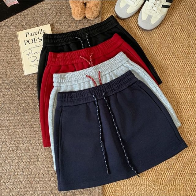 Yako-Drawstring Waist Plain Mini A-Line Skirt