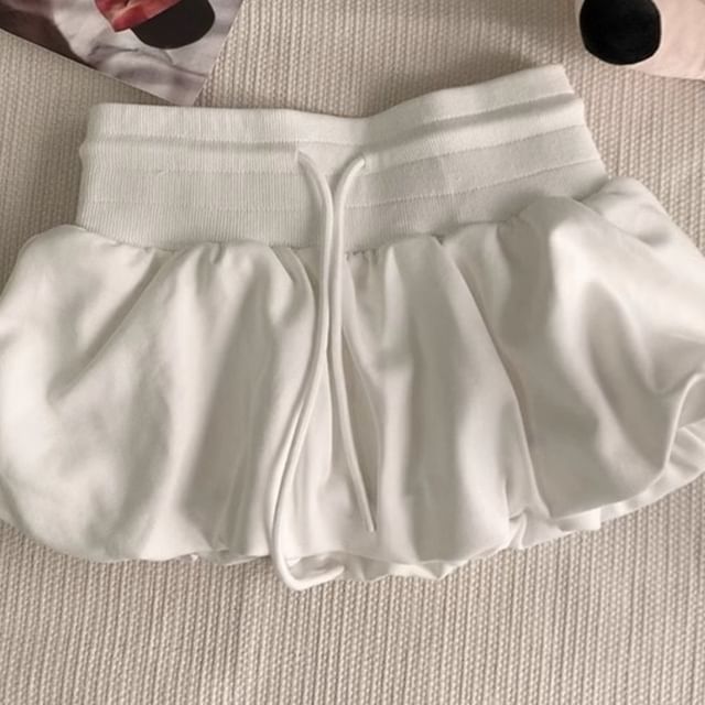 Yako-Drawstring Waist Plain Paperbag Mini Skort