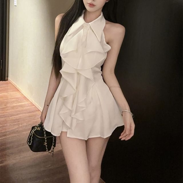 Yako-Halter Neck Collared Plain Ruffle Trim Mini A-Line Dress