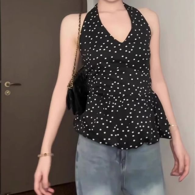 Yako-Halter V-Neck Dotted Camisole Top
