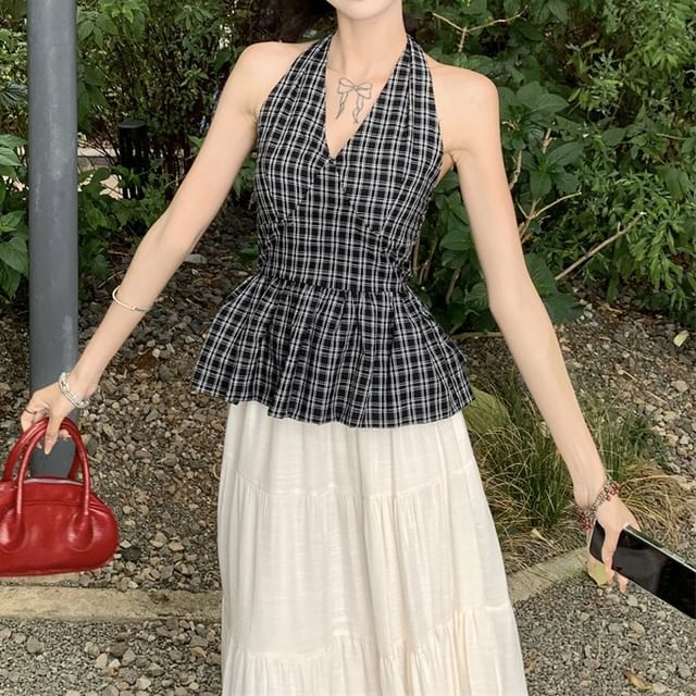 Yako-Halter V-Neck Plaid Open Back Peplum Top