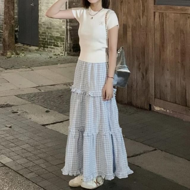 Yako-High Rise Gingham Ruffled Midi A-Line Tiered Skirt