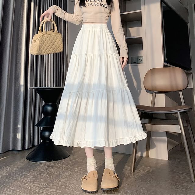 Yako-High Rise Plain Midi A-Line Skirt