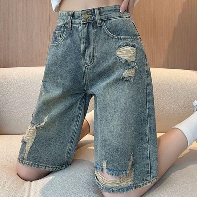 Yako-High Waist Washed Distressed Jorts