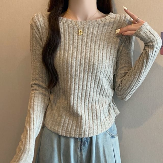 Yako-Long-Sleeve Boatneck Ribbed Plain Top