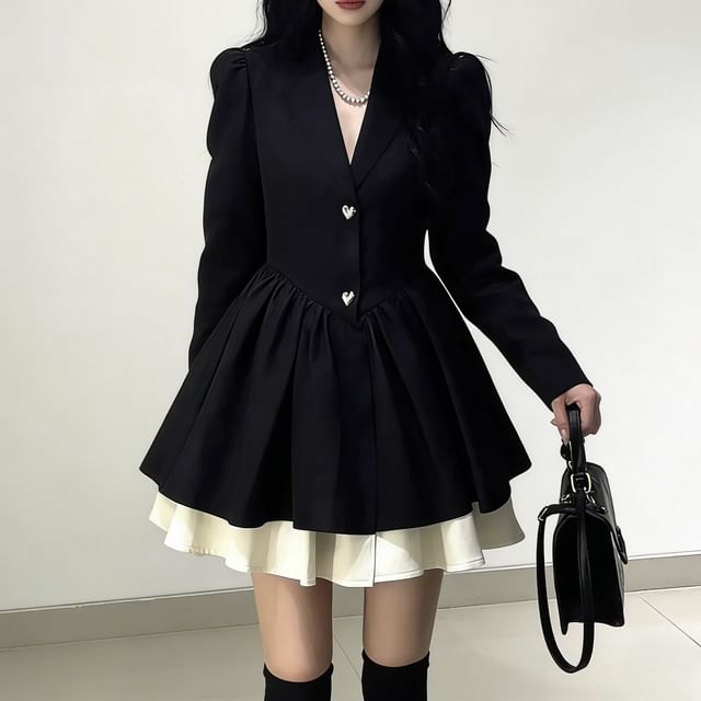 Yako-Long-Sleeve Button-Up Plain Mini Blazer Dress