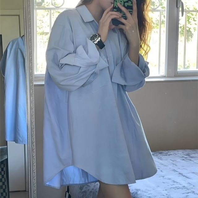 Yako-Long-Sleeve Button-Up Plain Oversized Shirt