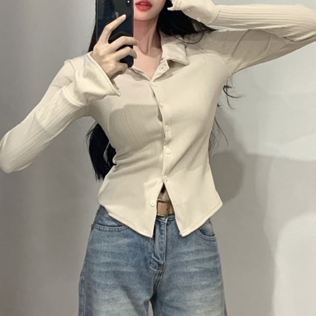 Yako-Long-Sleeve Collared Button-Up Plain Slim Fit Top