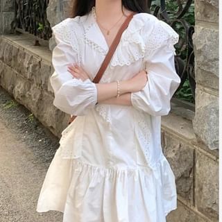 Yako-Long-Sleeve Collared Plain Mini A-Line Dress