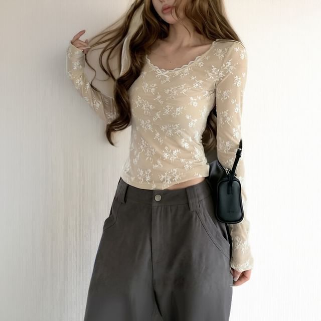 Yako-Long-Sleeve Crew Neck Crop Lace Top