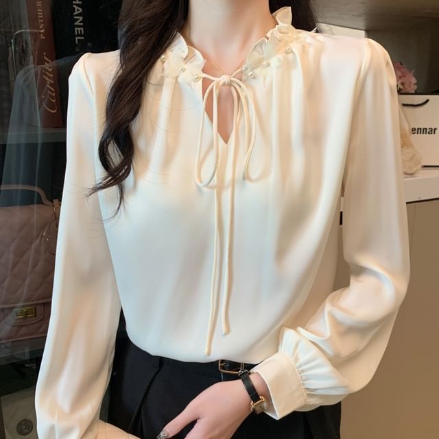 Yako-Long-Sleeve Frill Trim Plain Blouse